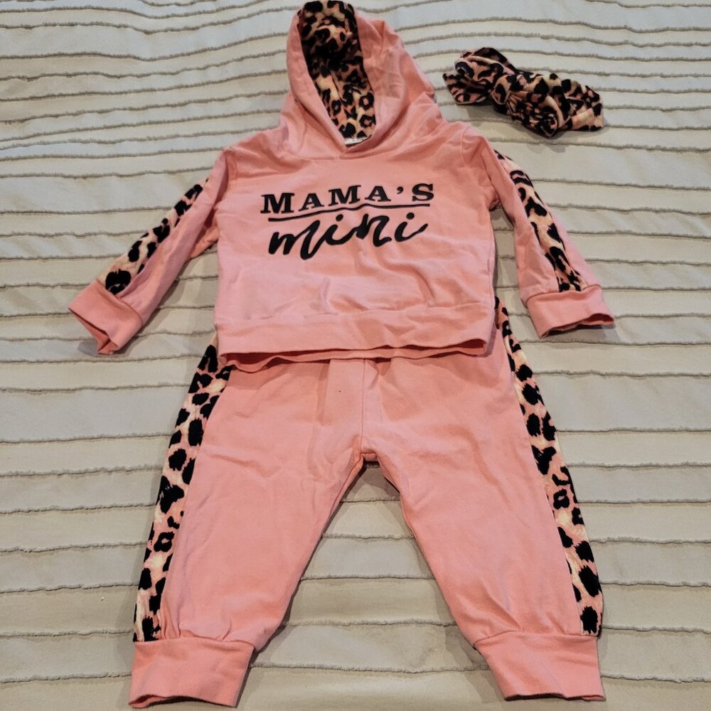 NWOT 0-6 month baby girl mama's mini 3 piece set with headband pink animal